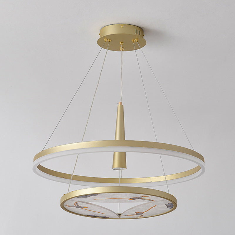 Lustres LED en acrylique fer émaillé de couleur ronde à deux couches traditionnels chinois pour salon 