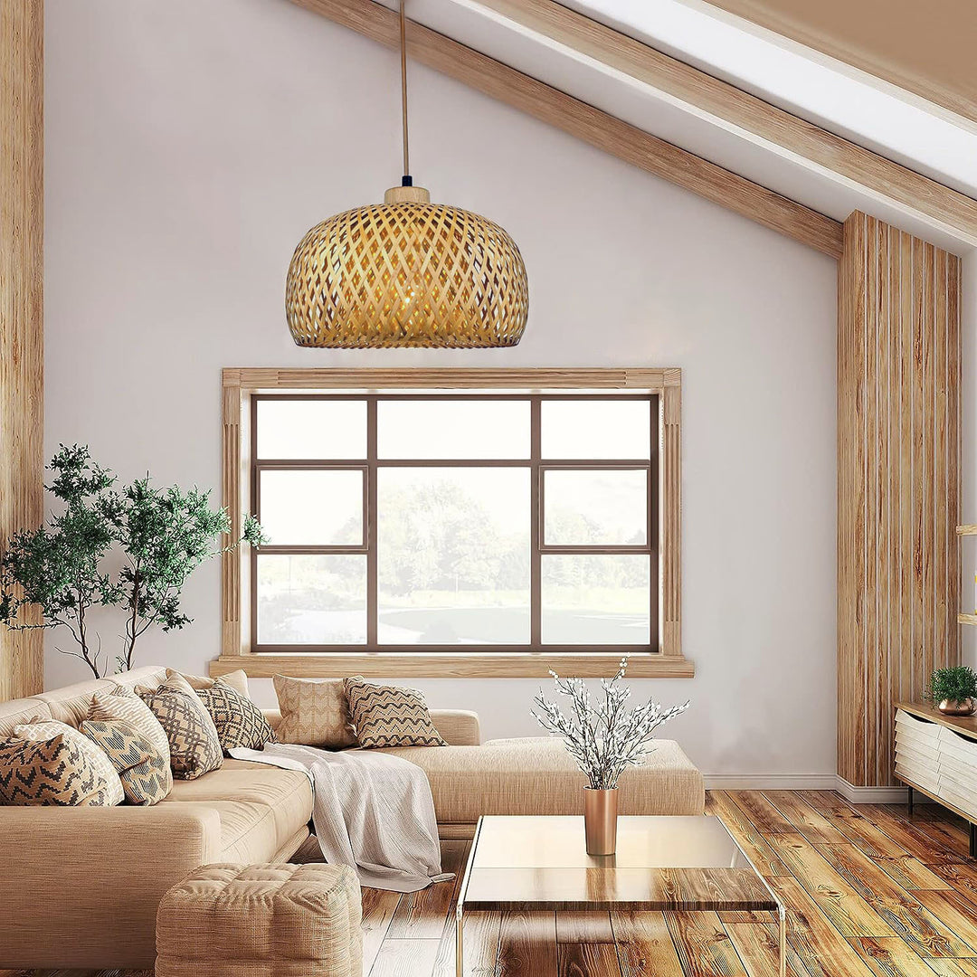 Suspension lumineuse 1 lumière en bambou tissé à la main semi-circulaire de style ferme traditionnelle pour salon 