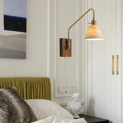 Applique murale 1 lumière avec bras réglable traditionnel japonais, base carrée, abat-jour en céramique, bois, pour salon 