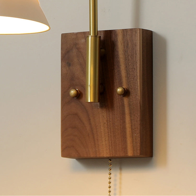 Applique murale 1 lumière avec bras réglable traditionnel japonais, base carrée, abat-jour en céramique, bois, pour salon 