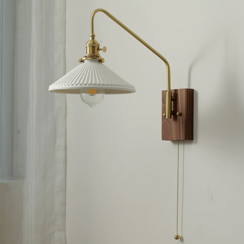 Applique murale 1 lumière avec bras réglable traditionnel japonais, base carrée, abat-jour en céramique, bois, pour salon 