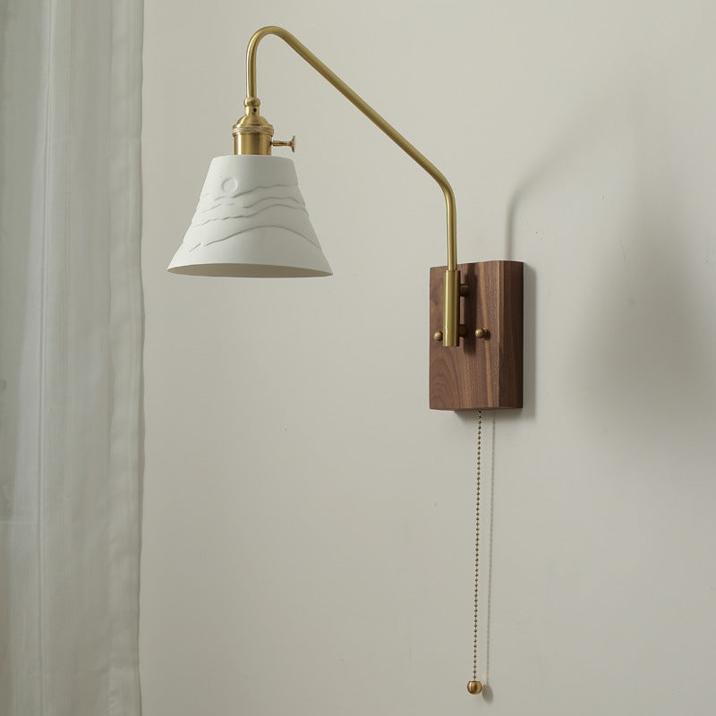 Applique murale 1 lumière avec bras réglable traditionnel japonais, base carrée, abat-jour en céramique, bois, pour salon 
