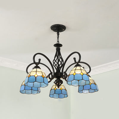 Lámpara de araña tradicional de hierro con vidrio teñido cónico Tiffany de 3/5/6/8 luces para sala de estar 