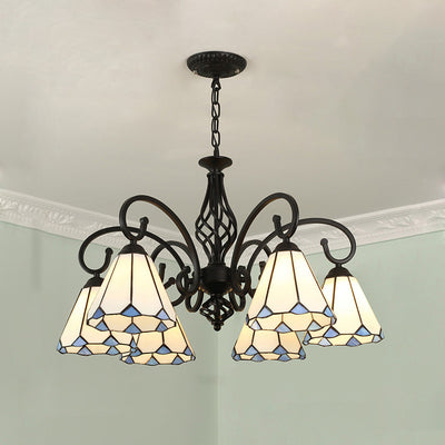 Lámpara de araña tradicional de hierro con vidrio teñido cónico Tiffany de 3/5/6/8 luces para sala de estar 
