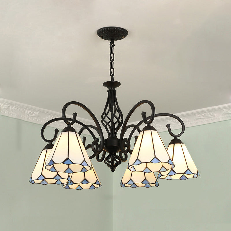 Lámpara de araña tradicional de hierro con vidrio teñido cónico Tiffany de 3/5/6/8 luces para sala de estar 