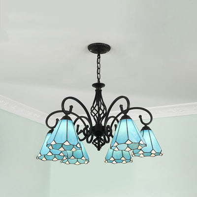 Lámpara de araña tradicional de hierro con vidrio teñido cónico Tiffany de 3/5/6/8 luces para sala de estar 