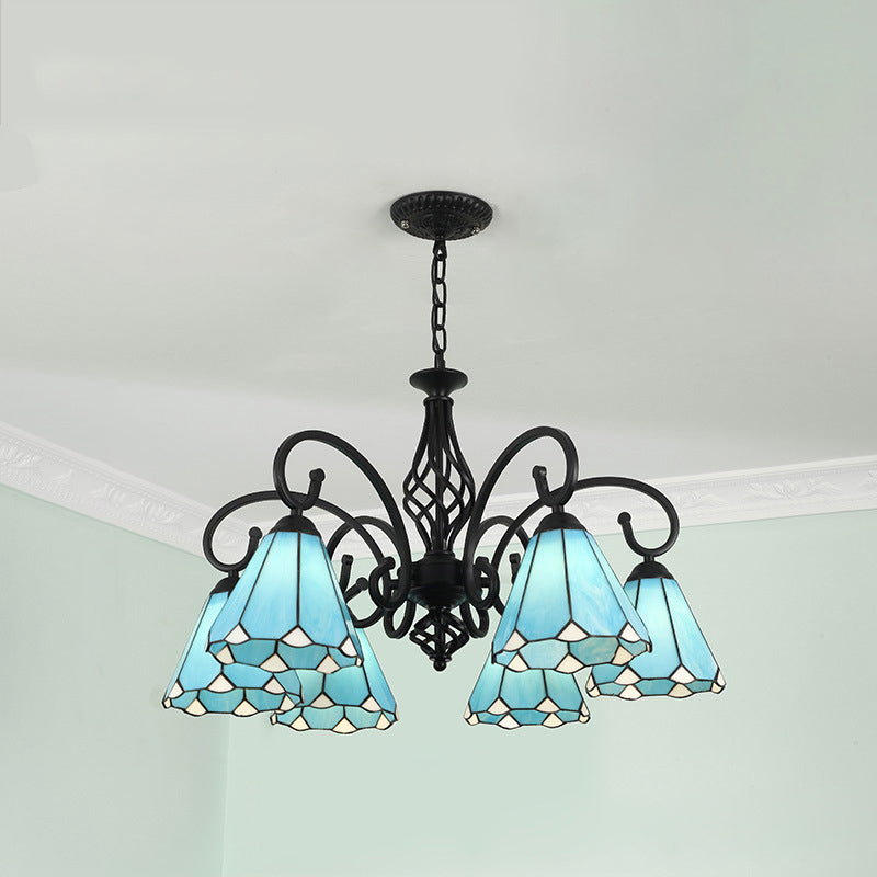 Lámpara de araña tradicional de hierro con vidrio teñido cónico Tiffany de 3/5/6/8 luces para sala de estar 