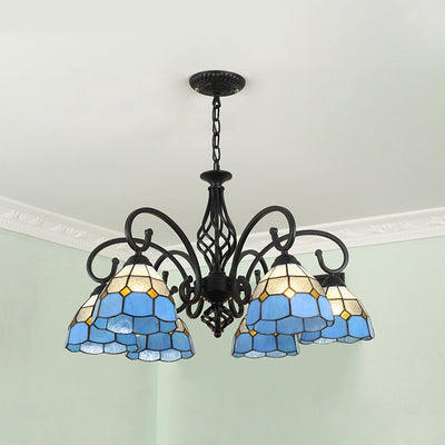 Lámpara de araña tradicional de hierro con vidrio teñido cónico Tiffany de 3/5/6/8 luces para sala de estar 