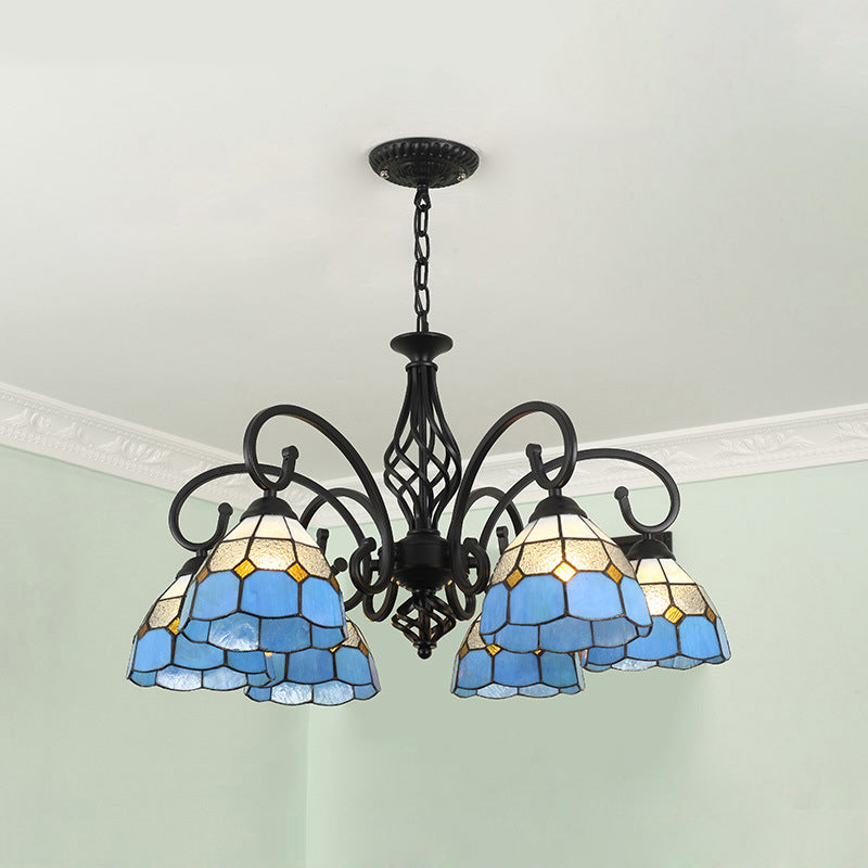 Lámpara de araña tradicional de hierro con vidrio teñido cónico Tiffany de 3/5/6/8 luces para sala de estar 
