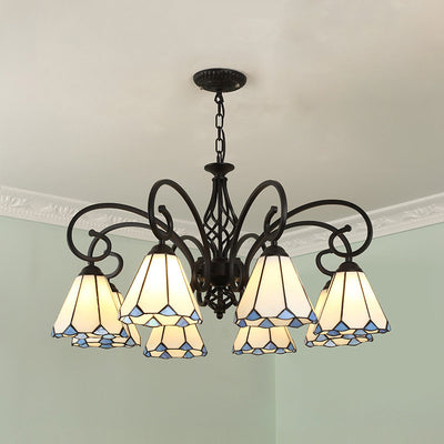 Lámpara de araña tradicional de hierro con vidrio teñido cónico Tiffany de 3/5/6/8 luces para sala de estar 