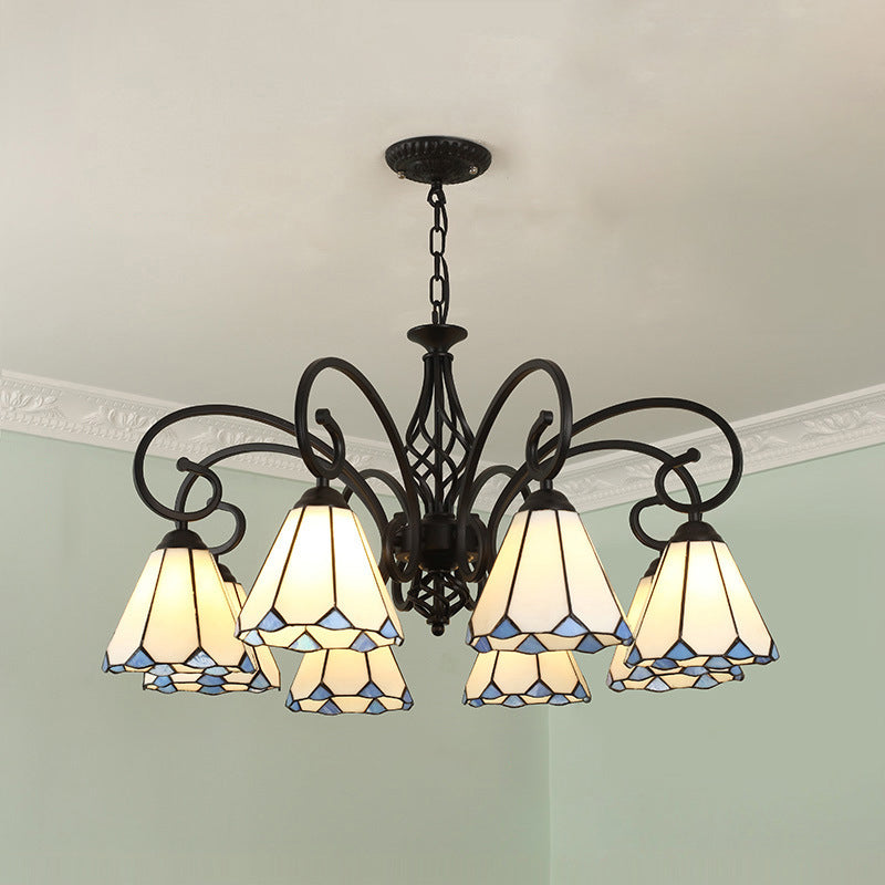 Lámpara de araña tradicional de hierro con vidrio teñido cónico Tiffany de 3/5/6/8 luces para sala de estar 