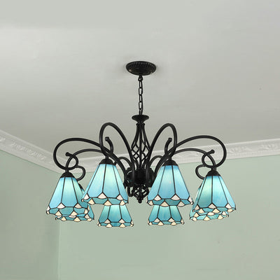 Lámpara de araña tradicional de hierro con vidrio teñido cónico Tiffany de 3/5/6/8 luces para sala de estar 