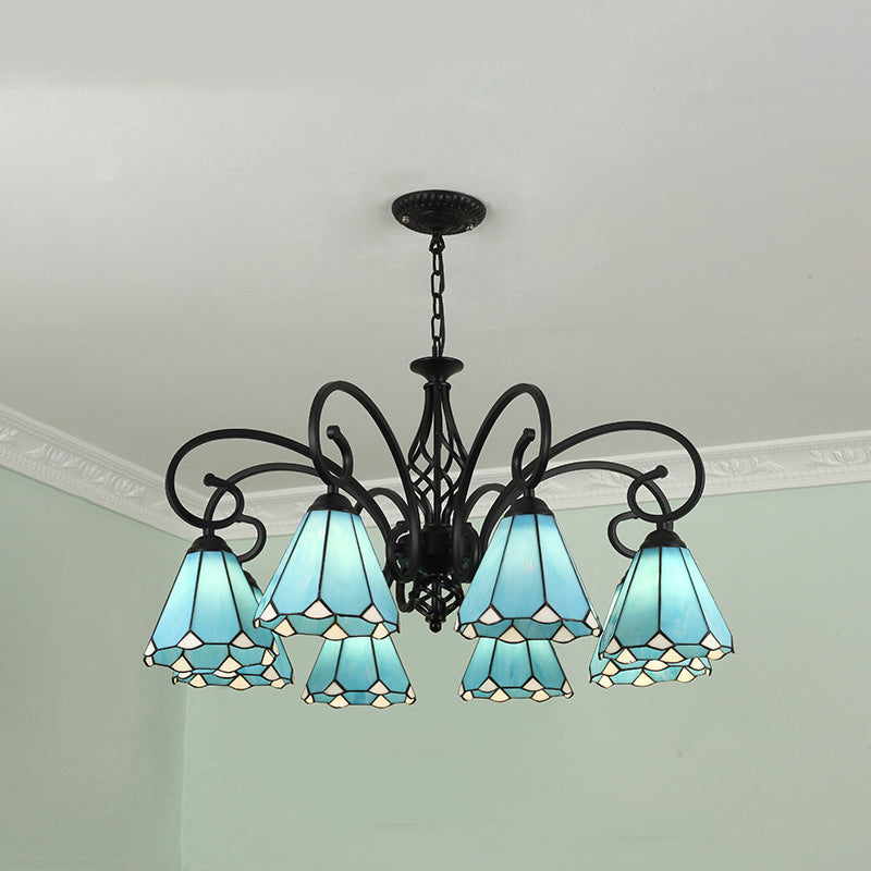 Lámpara de araña tradicional de hierro con vidrio teñido cónico Tiffany de 3/5/6/8 luces para sala de estar 