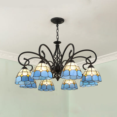 Lámpara de araña tradicional de hierro con vidrio teñido cónico Tiffany de 3/5/6/8 luces para sala de estar 