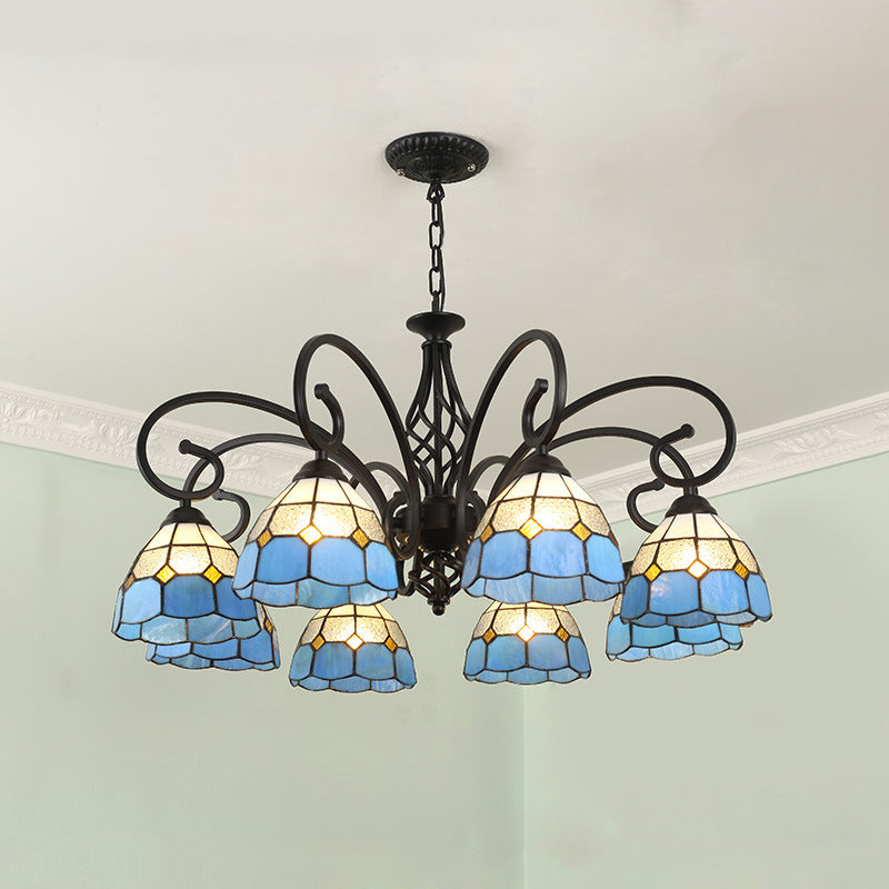 Lámpara de araña tradicional de hierro con vidrio teñido cónico Tiffany de 3/5/6/8 luces para sala de estar 