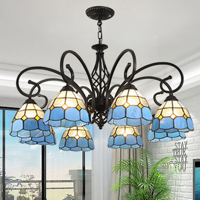 Lámpara de araña tradicional de hierro con vidrio teñido cónico Tiffany de 3/5/6/8 luces para sala de estar 