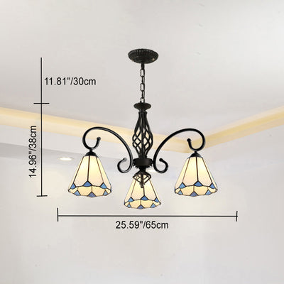 Lámpara de araña tradicional de hierro con vidrio teñido cónico Tiffany de 3/5/6/8 luces para sala de estar 