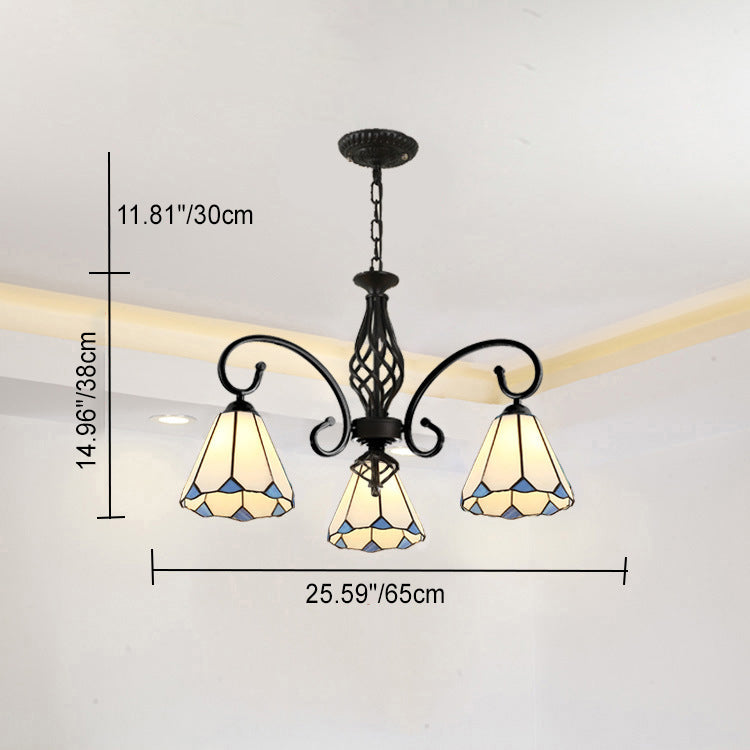 Lámpara de araña tradicional de hierro con vidrio teñido cónico Tiffany de 3/5/6/8 luces para sala de estar 