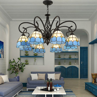 Lámpara de araña tradicional de hierro con vidrio teñido cónico Tiffany de 3/5/6/8 luces para sala de estar 
