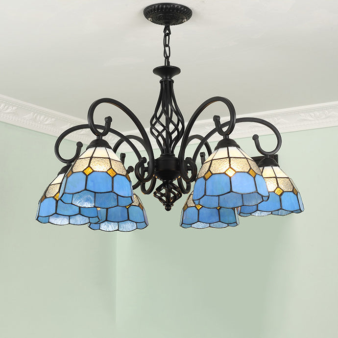 Lámpara de araña tradicional de hierro con vidrio teñido cónico Tiffany de 3/5/6/8 luces para sala de estar 