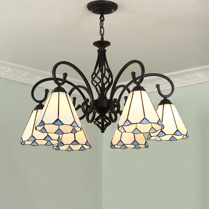 Lámpara de araña tradicional de hierro con vidrio teñido cónico Tiffany de 3/5/6/8 luces para sala de estar 