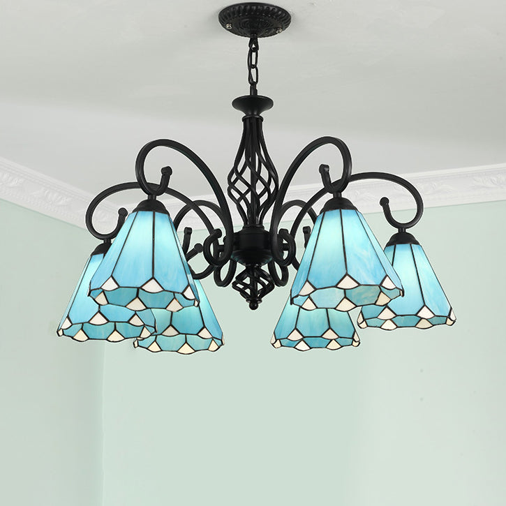 Lámpara de araña tradicional de hierro con vidrio teñido cónico Tiffany de 3/5/6/8 luces para sala de estar 