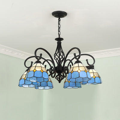Lámpara de araña tradicional de hierro con vidrio teñido cónico Tiffany de 3/5/6/8 luces para sala de estar 