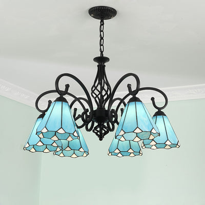 Lámpara de araña tradicional de hierro con vidrio teñido cónico Tiffany de 3/5/6/8 luces para sala de estar 