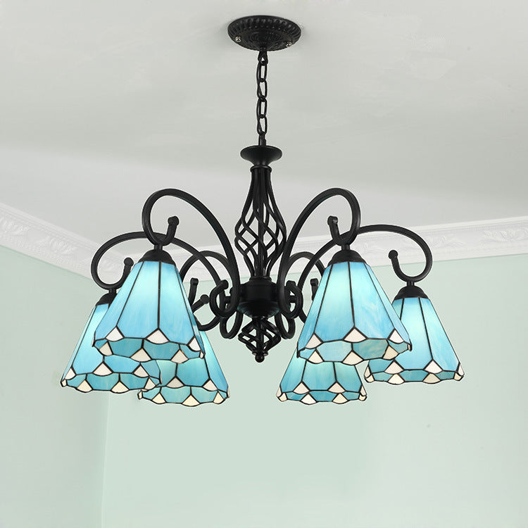 Lámpara de araña tradicional de hierro con vidrio teñido cónico Tiffany de 3/5/6/8 luces para sala de estar 