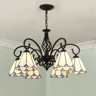 Lámpara de araña tradicional de hierro con vidrio teñido cónico Tiffany de 3/5/6/8 luces para sala de estar 