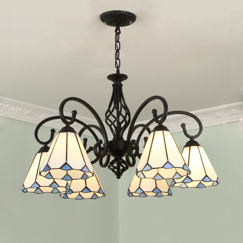 Lámpara de araña tradicional de hierro con vidrio teñido cónico Tiffany de 3/5/6/8 luces para sala de estar 