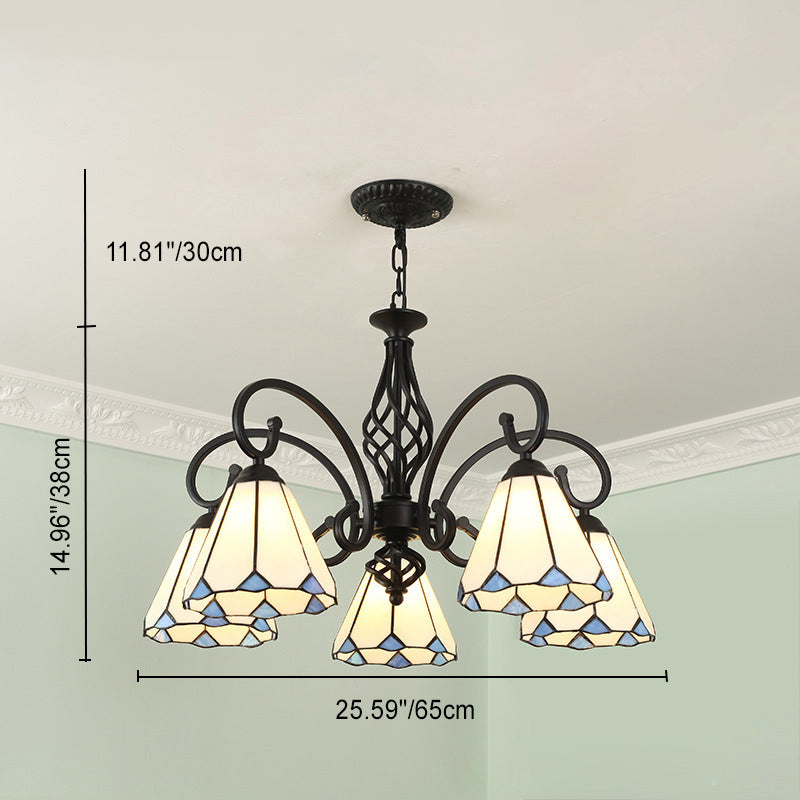 Lámpara de araña tradicional de hierro con vidrio teñido cónico Tiffany de 3/5/6/8 luces para sala de estar 