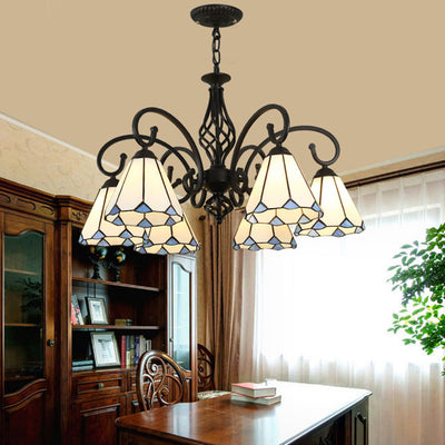 Lámpara de araña tradicional de hierro con vidrio teñido cónico Tiffany de 3/5/6/8 luces para sala de estar 