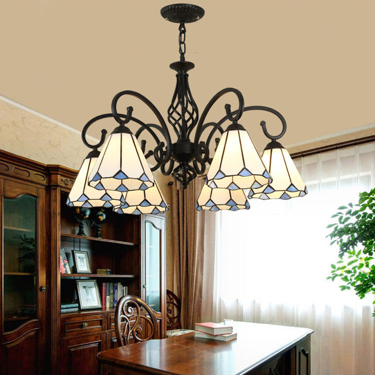 Lámpara de araña tradicional de hierro con vidrio teñido cónico Tiffany de 3/5/6/8 luces para sala de estar 