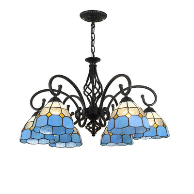 Lámpara de araña tradicional de hierro con vidrio teñido cónico Tiffany de 3/5/6/8 luces para sala de estar 