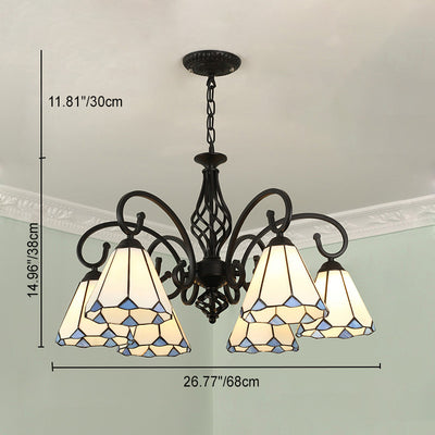 Lámpara de araña tradicional de hierro con vidrio teñido cónico Tiffany de 3/5/6/8 luces para sala de estar 