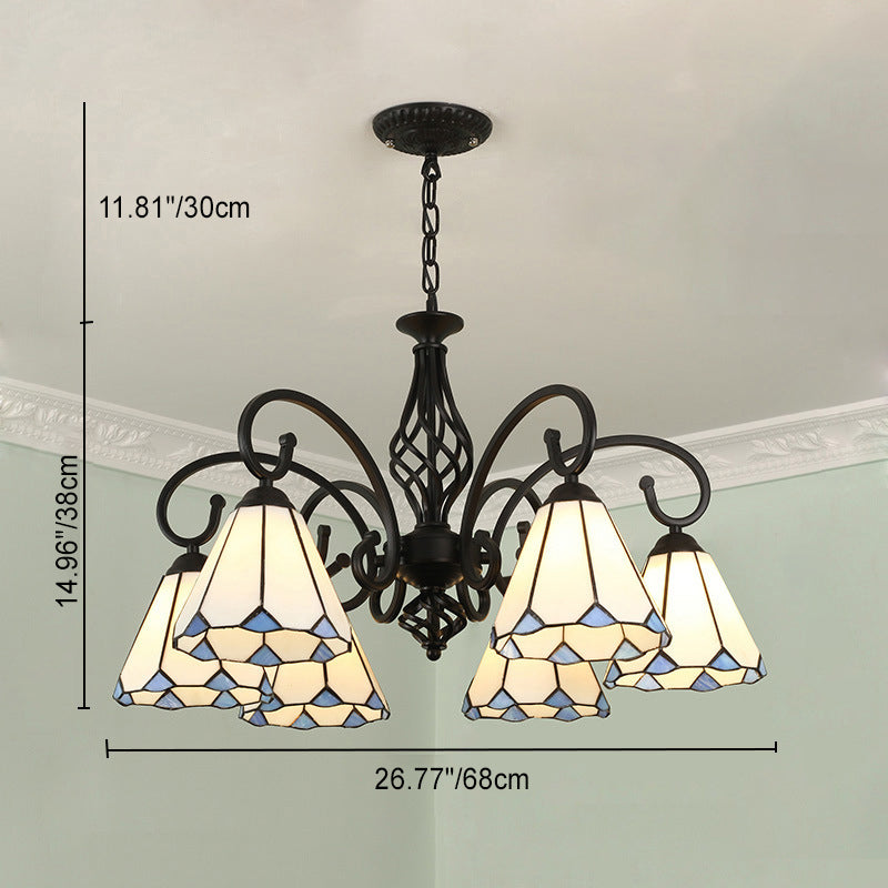 Lámpara de araña tradicional de hierro con vidrio teñido cónico Tiffany de 3/5/6/8 luces para sala de estar 