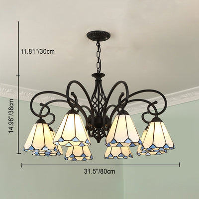 Lámpara de araña tradicional de hierro con vidrio teñido cónico Tiffany de 3/5/6/8 luces para sala de estar 