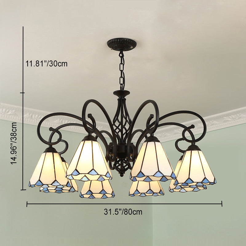 Lámpara de araña tradicional de hierro con vidrio teñido cónico Tiffany de 3/5/6/8 luces para sala de estar 