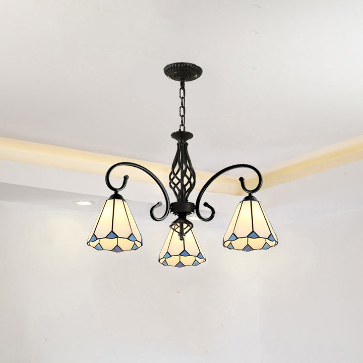 Traditional Tiffany Conical Stained Glass Iron Hardware 3/5/6/8-Light Chandelier For Living Room