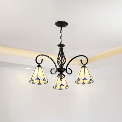 Lámpara de araña tradicional de hierro con vidrio teñido cónico Tiffany de 3/5/6/8 luces para sala de estar 