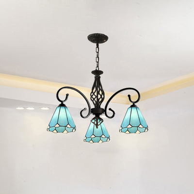 Lámpara de araña tradicional de hierro con vidrio teñido cónico Tiffany de 3/5/6/8 luces para sala de estar 