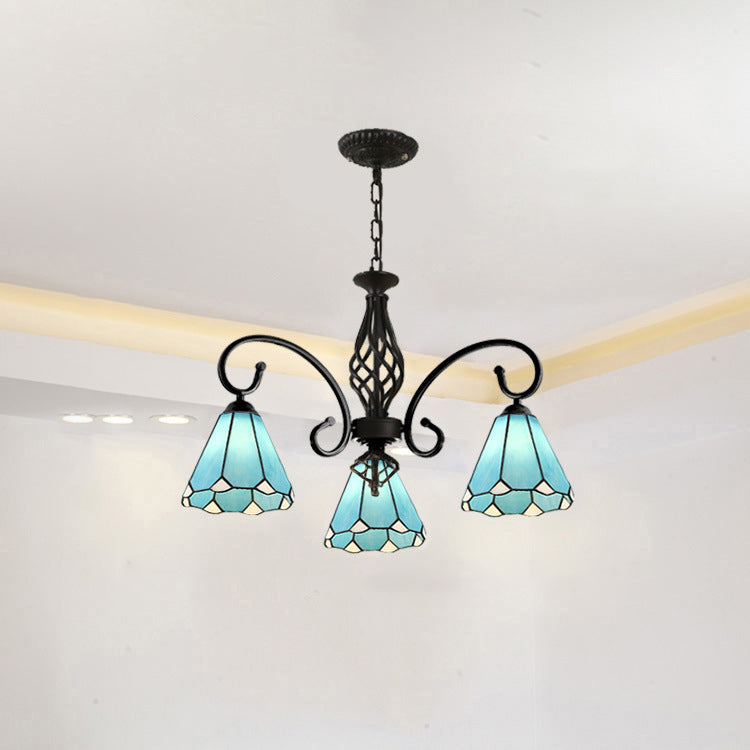 Lámpara de araña tradicional de hierro con vidrio teñido cónico Tiffany de 3/5/6/8 luces para sala de estar 