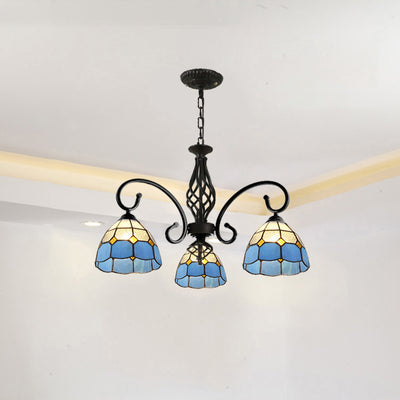 Lámpara de araña tradicional de hierro con vidrio teñido cónico Tiffany de 3/5/6/8 luces para sala de estar 