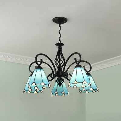 Lámpara de araña tradicional de hierro con vidrio teñido cónico Tiffany de 3/5/6/8 luces para sala de estar 