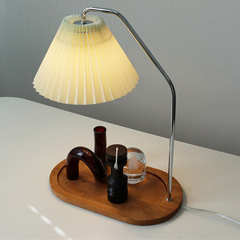 Traditionelle Vintage Regenschirm Runde Plissee Stoff Holz USB 1-Licht Tischlampe für Wohnzimmer 