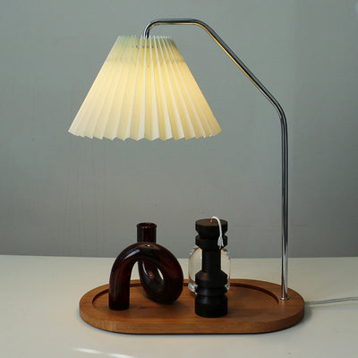 Traditionelle Vintage Regenschirm Runde Plissee Stoff Holz USB 1-Licht Tischlampe für Wohnzimmer 