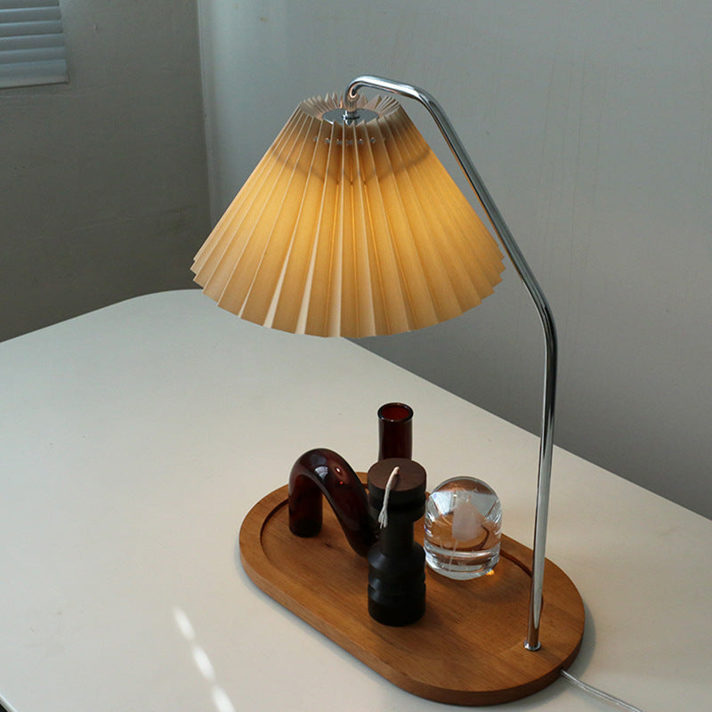 Traditionelle Vintage Regenschirm Runde Plissee Stoff Holz USB 1-Licht Tischlampe für Wohnzimmer 