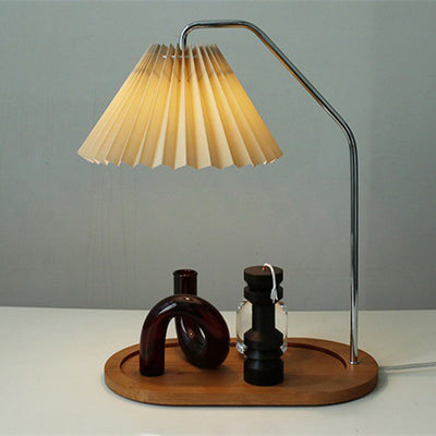 Traditionelle Vintage Regenschirm Runde Plissee Stoff Holz USB 1-Licht Tischlampe für Wohnzimmer 