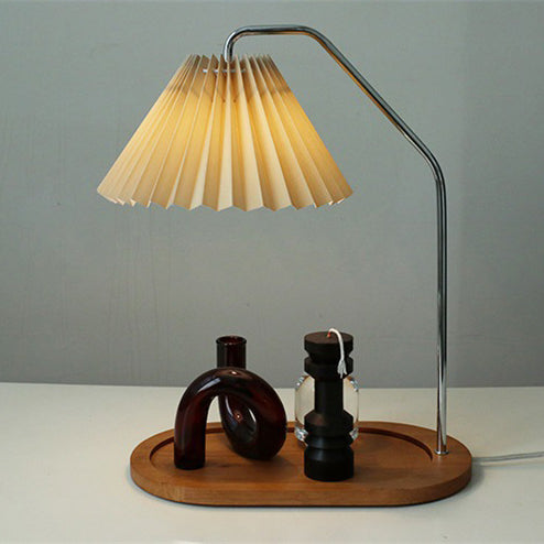 Traditionelle Vintage Regenschirm Runde Plissee Stoff Holz USB 1-Licht Tischlampe für Wohnzimmer 